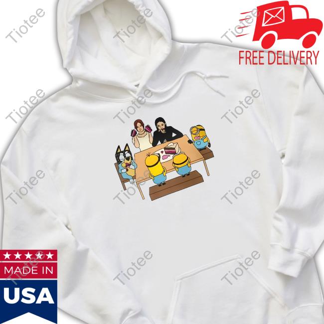 Irene And Seulgi, Bandit Heeler And 3 Main Minions Sitting At A Table Sharing A Four Layer Ice Cream Cake Tee