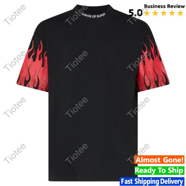 Official Vision Of Super Black New Shirt With Reversed Red Flames On Sleeves