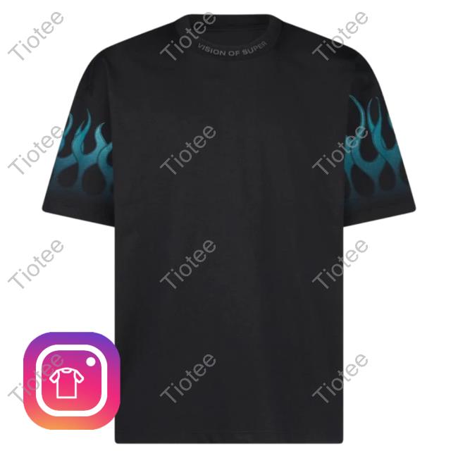 Official Vision Of Super Black Tee Shirt With Light Blue Gradient Flames