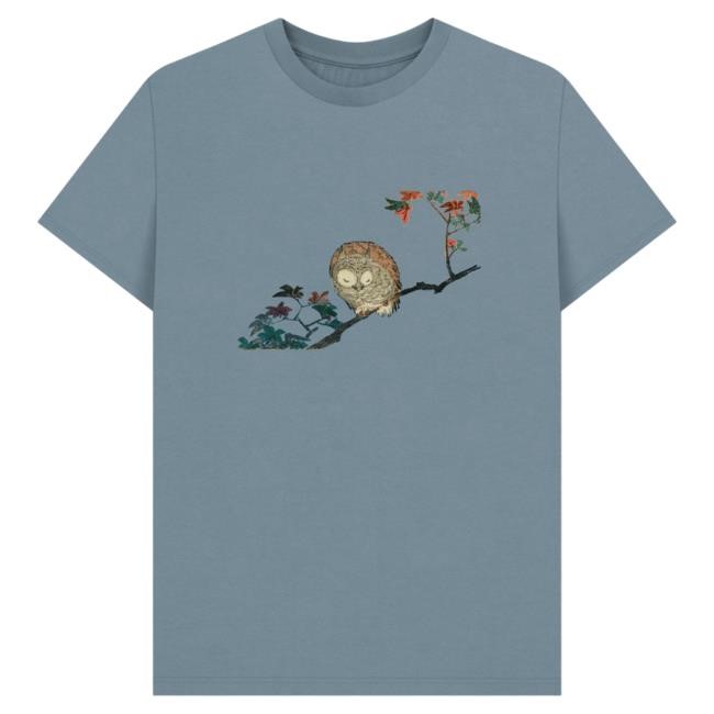 Hiroshige Horned Owl Unisex Tshirt, Stone Blue British Museum Store Shop Official Store Shop