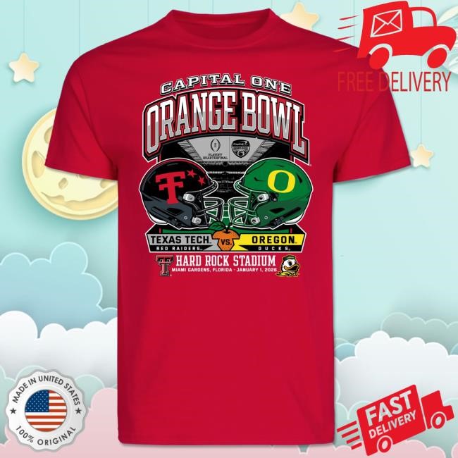 Official Red Raider Outfitter Texas Tech 2025 Orange Bowl - Dueling Helmets vs. Oregon - T Shirt - RED