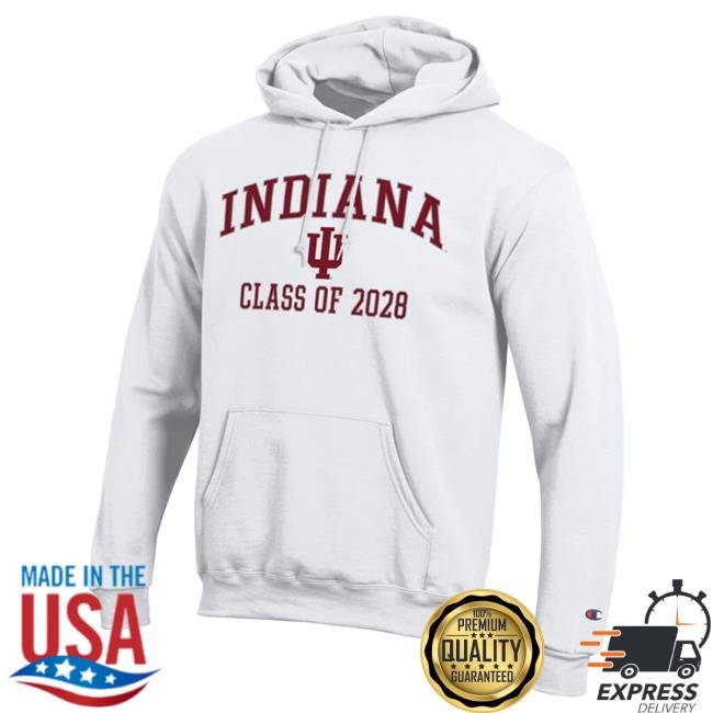 Official Shop Big Ten Store Mens Indiana Hoosiers White Champion Font Class of 2028 Powerblend Crew Neck Sweatshirt