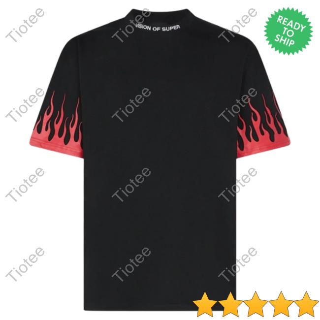 Official Vision Of Super Black Tee Shirt With Printed Red Flames