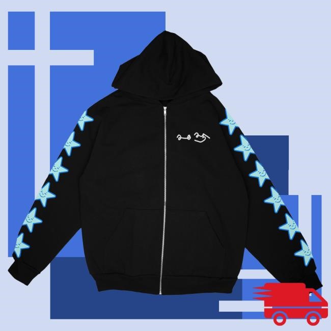 Official Asspizza Star Sleeve Zip-Up Hooded Sweatshirt Blue Star Black Hooded Sweatshirt