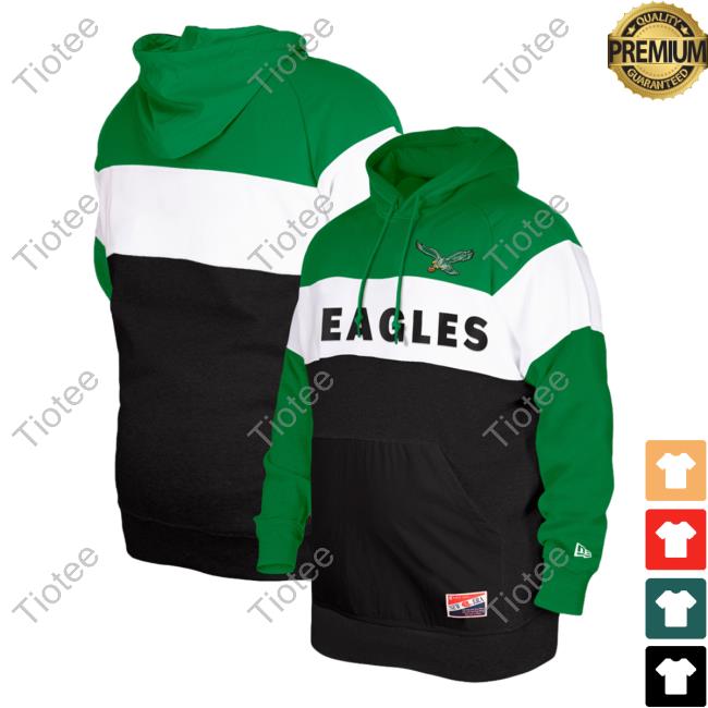 Official PhiladelphiaEagles Clothing Merch Store Shop New Era Kelly Green Philadelphia Eagles Throwback Colorblocked Hoodies 3D